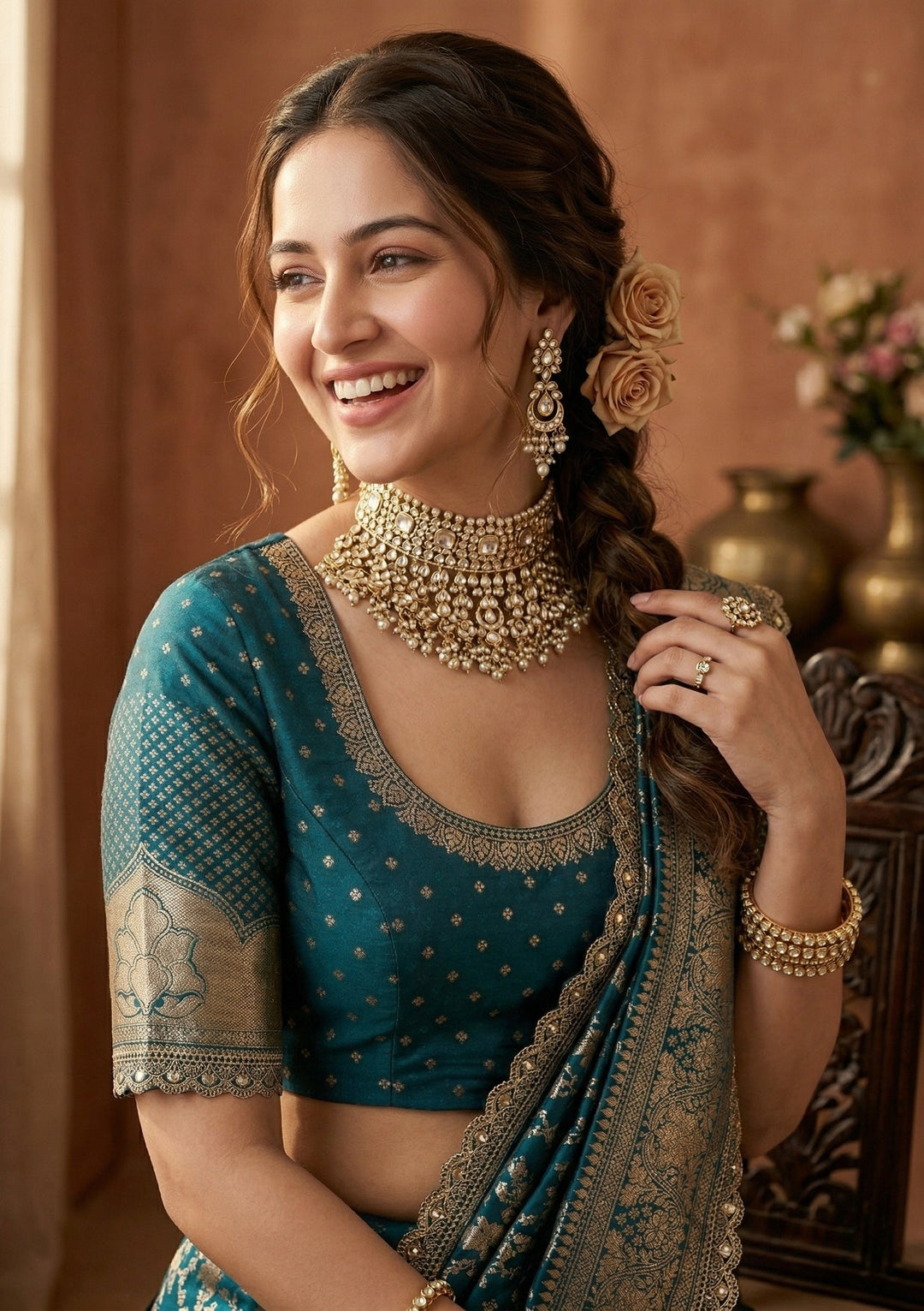 Peacock Blue Stonework (Gold) Art Silk Saree