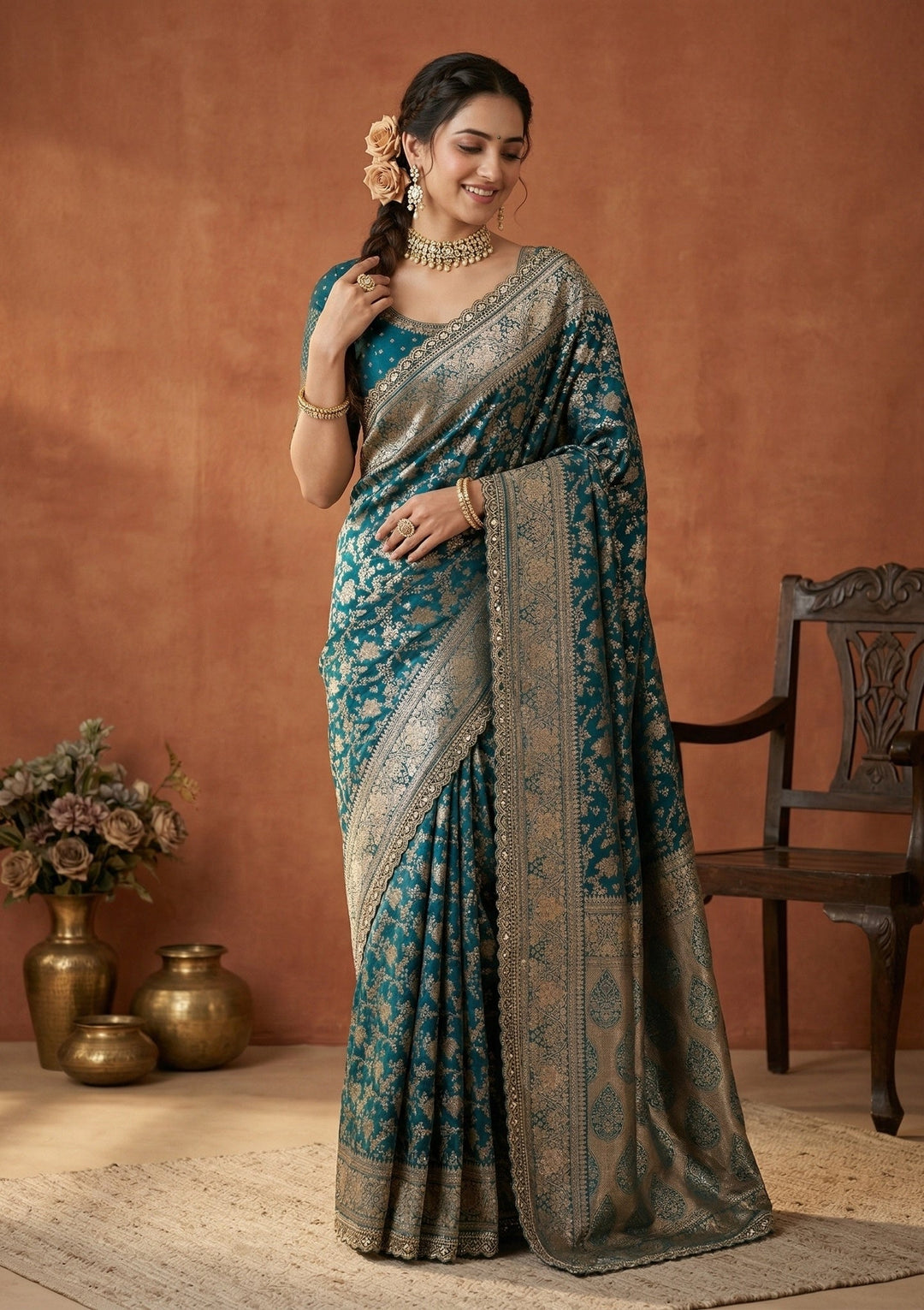 Peacock Blue Stonework (Gold) Art Silk Saree