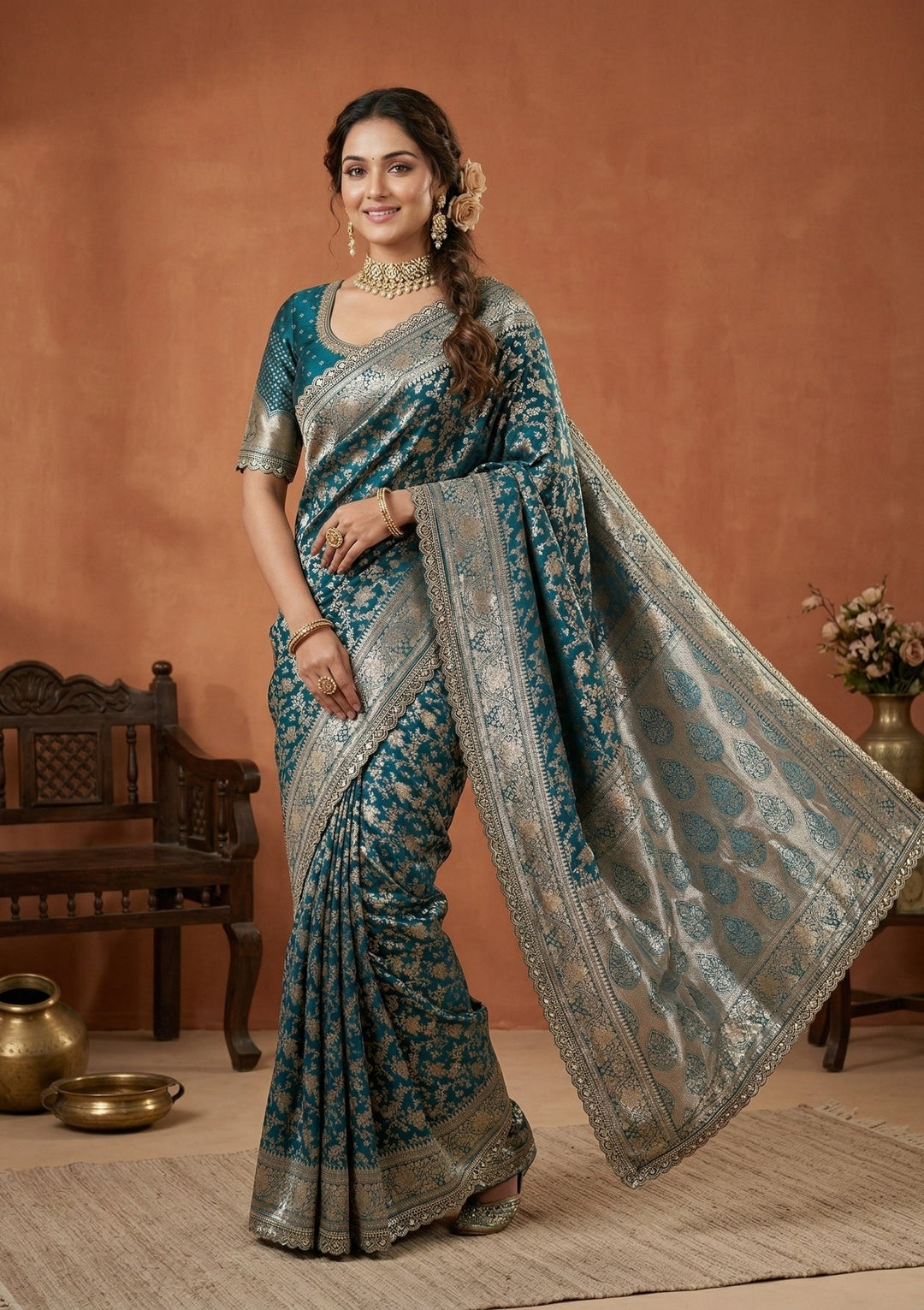 Peacock Blue Stonework (Gold) Art Silk Saree