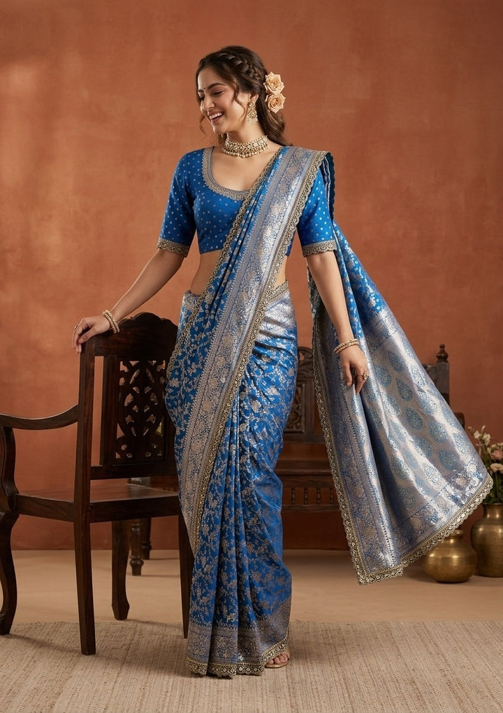 Royal Blue Stonework (Gold) Art Silk Saree
