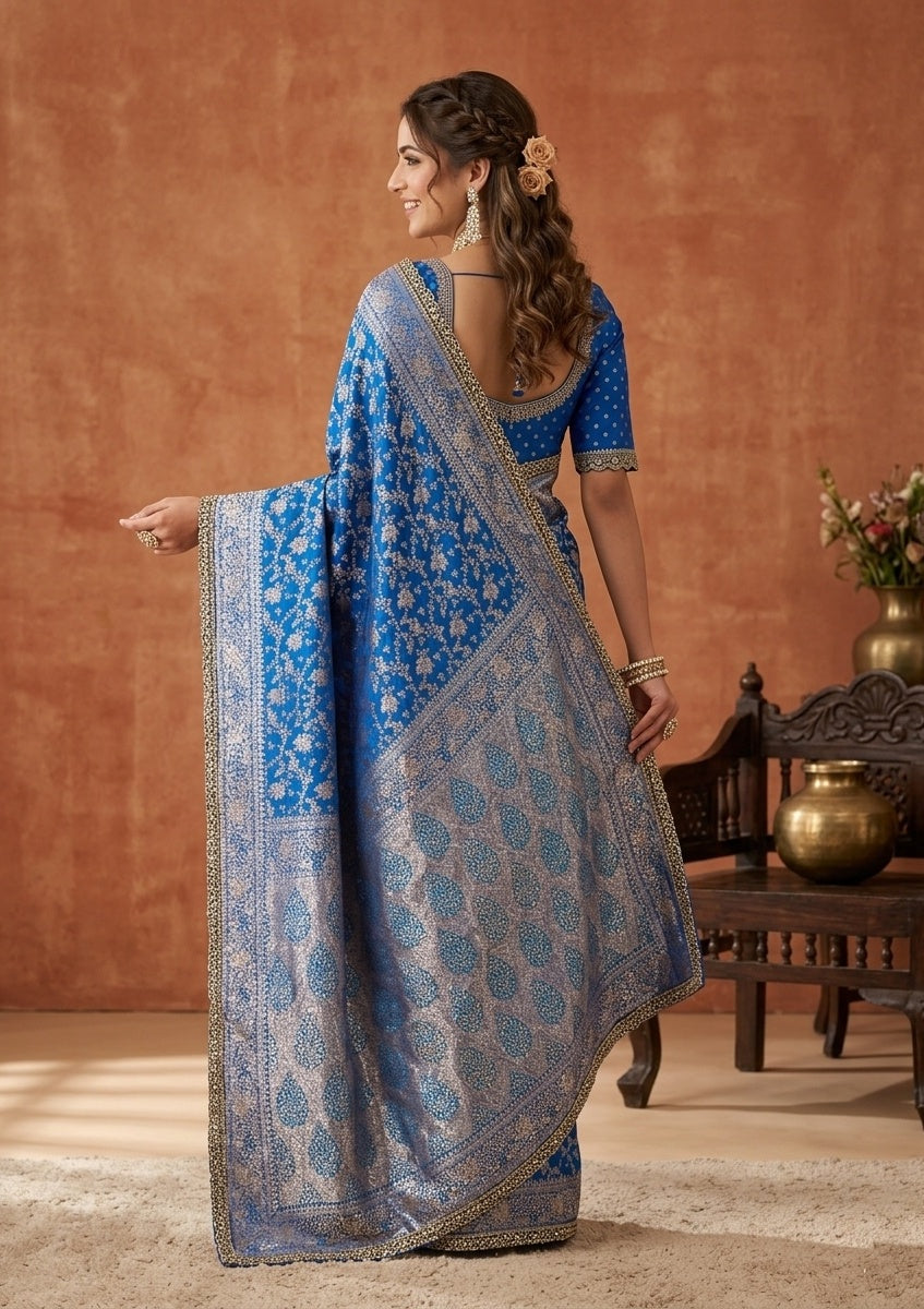 Royal Blue Stonework (Gold) Art Silk Saree