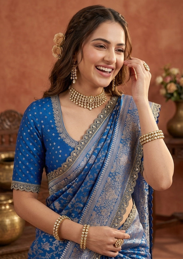 Royal Blue Stonework (Gold) Art Silk Saree