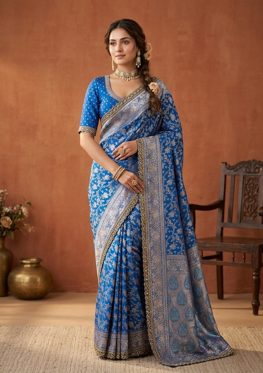 Royal Blue Stonework (Gold) Art Silk Saree