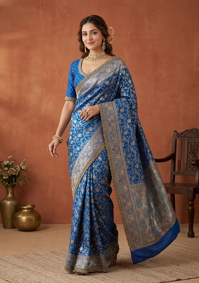 Royal Blue Stonework (Gold) Art Silk Saree
