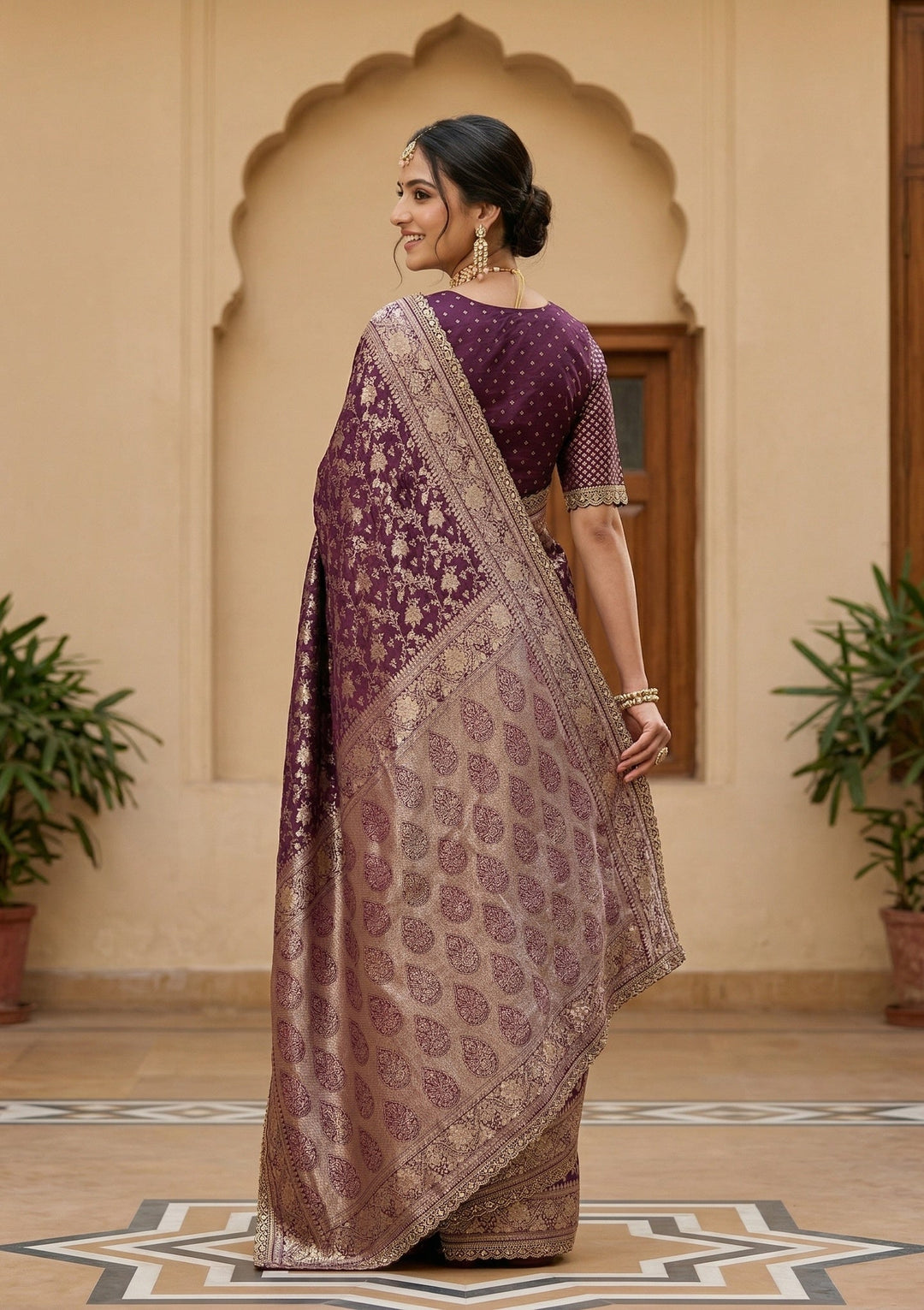 Wine Stonework (Gold) Art Silk Saree