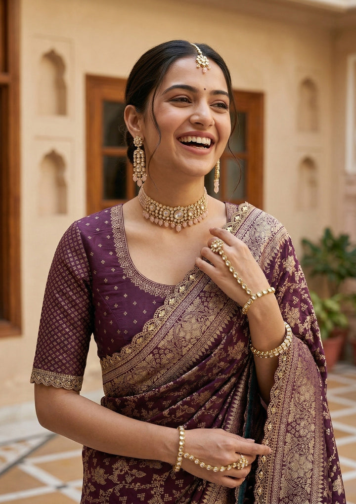 Wine Stonework (Gold) Art Silk Saree