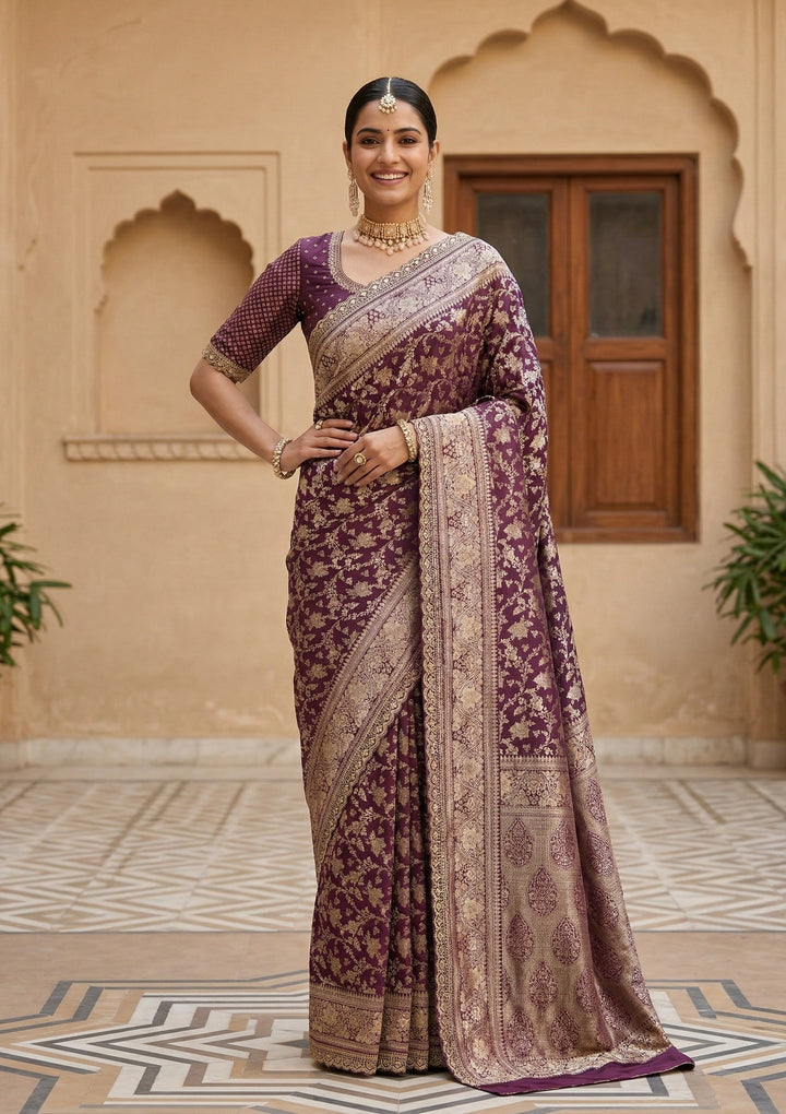 Wine Stonework (Gold) Art Silk Saree