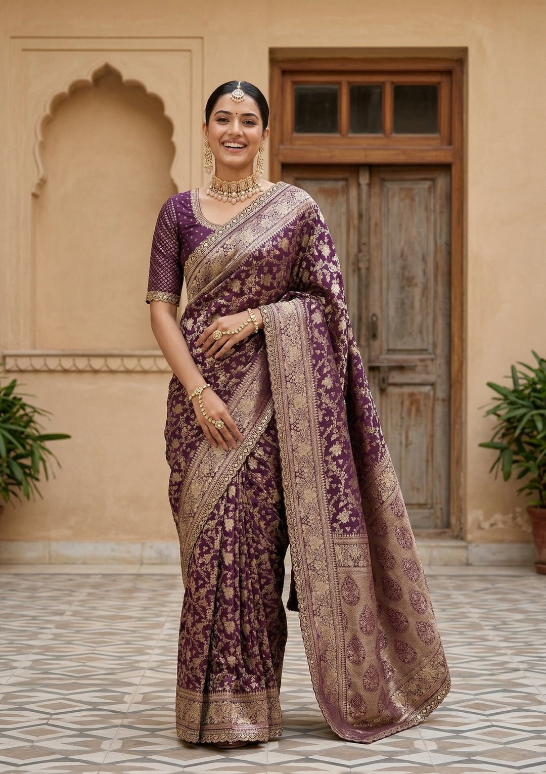 Wine Stonework (Gold) Art Silk Saree