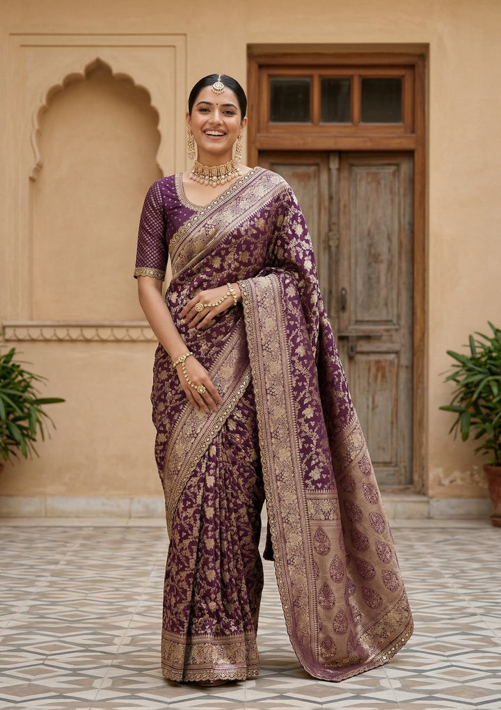 Wine Stonework (Gold) Art Silk Saree