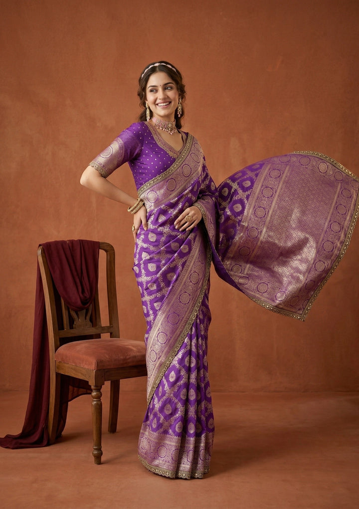 Purple Silk Jaal Gold Stonework Saree With Matching Blouse Piece