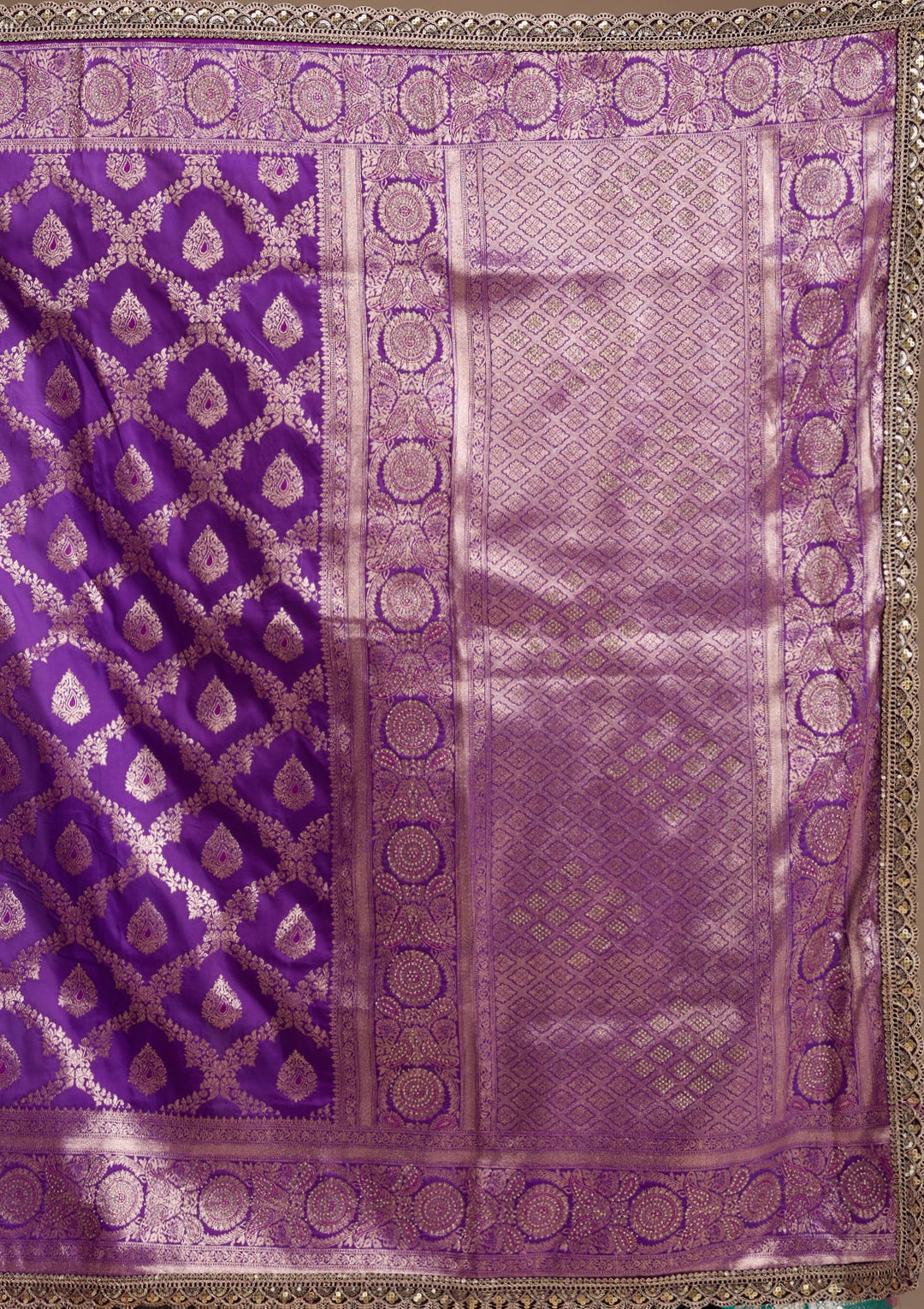 Purple Silk Jaal Gold Stonework Saree With Matching Blouse Piece