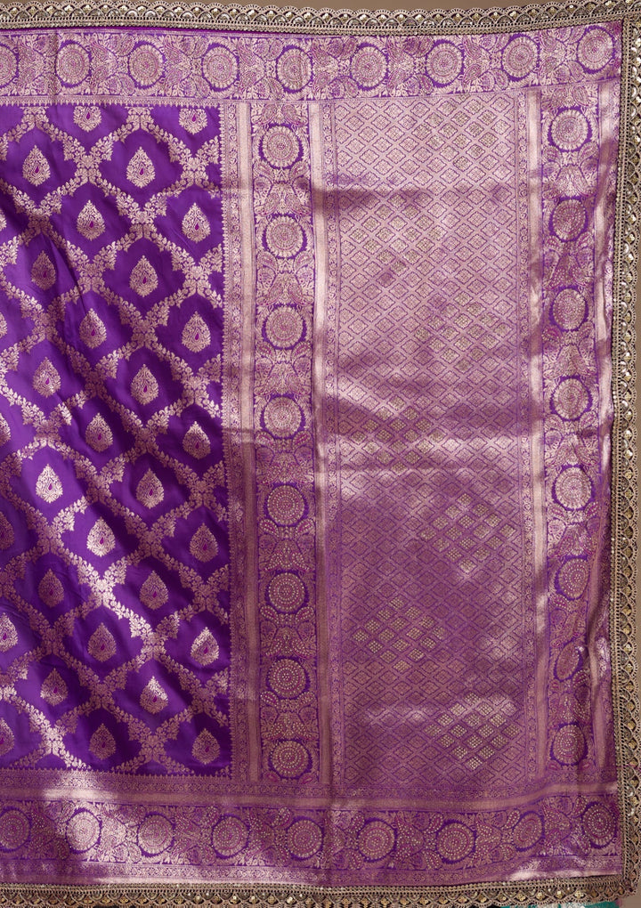 Purple Silk Jaal Gold Stonework Saree With Matching Blouse Piece