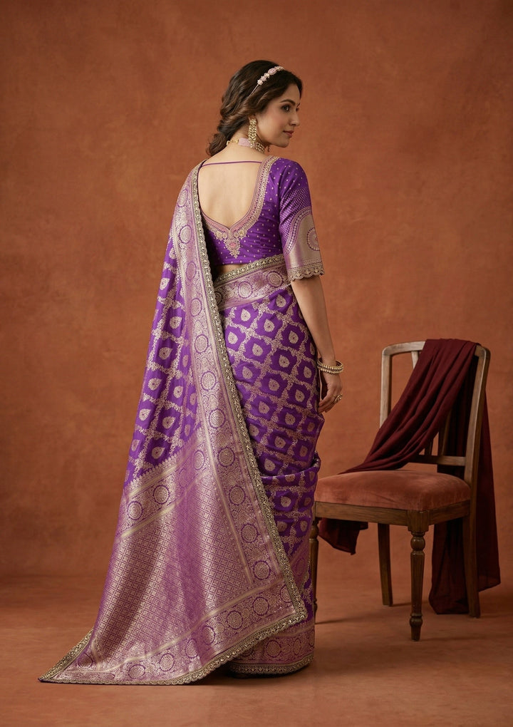 Purple Silk Jaal Gold Stonework Saree With Matching Blouse Piece