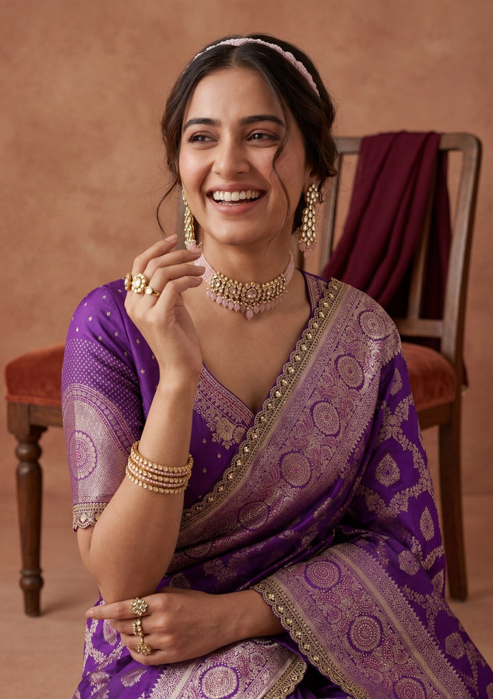 Purple Silk Jaal Gold Stonework Saree With Matching Blouse Piece