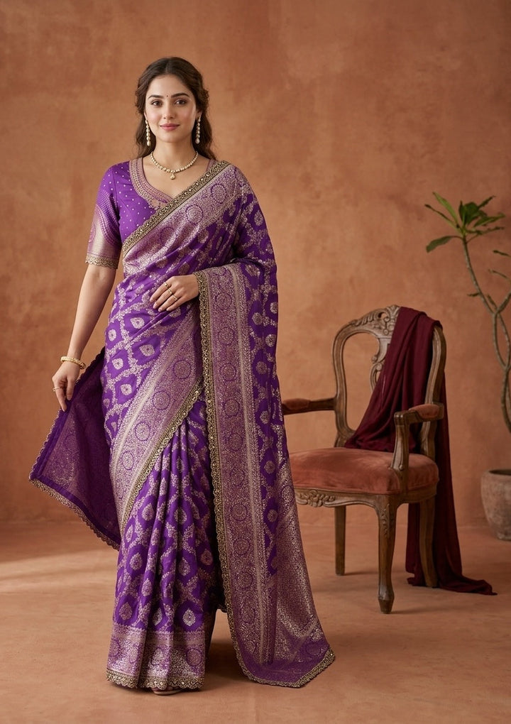 Purple Silk Jaal Gold Stonework Saree With Matching Blouse Piece