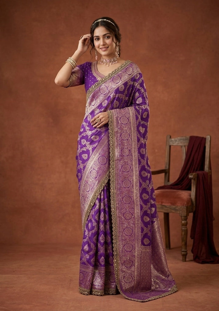 Purple Silk Jaal Gold Stonework Saree With Matching Blouse Piece