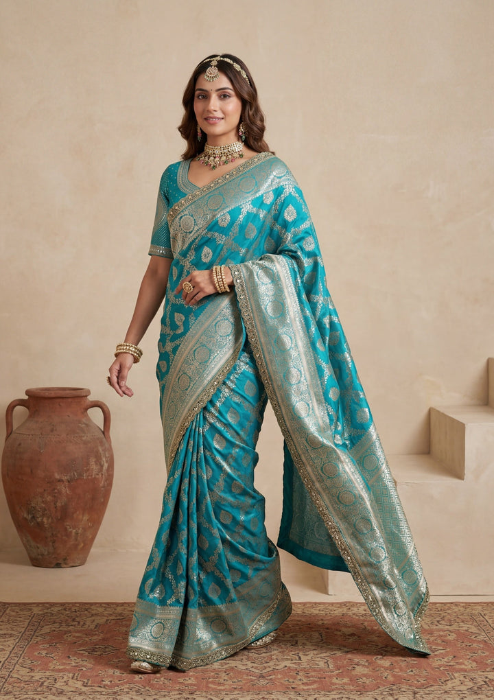 Rama Green Silk Jaal Gold Stonework Saree With Matching Blouse Piece
