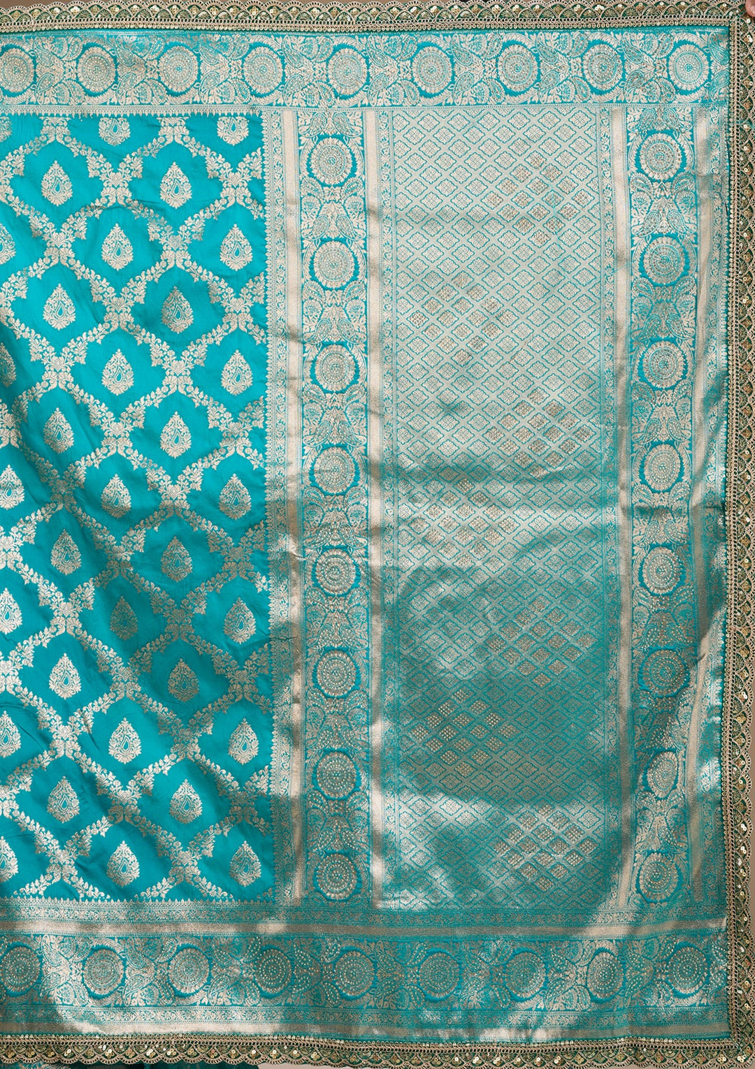 Rama Green Silk Jaal Gold Stonework Saree With Matching Blouse Piece