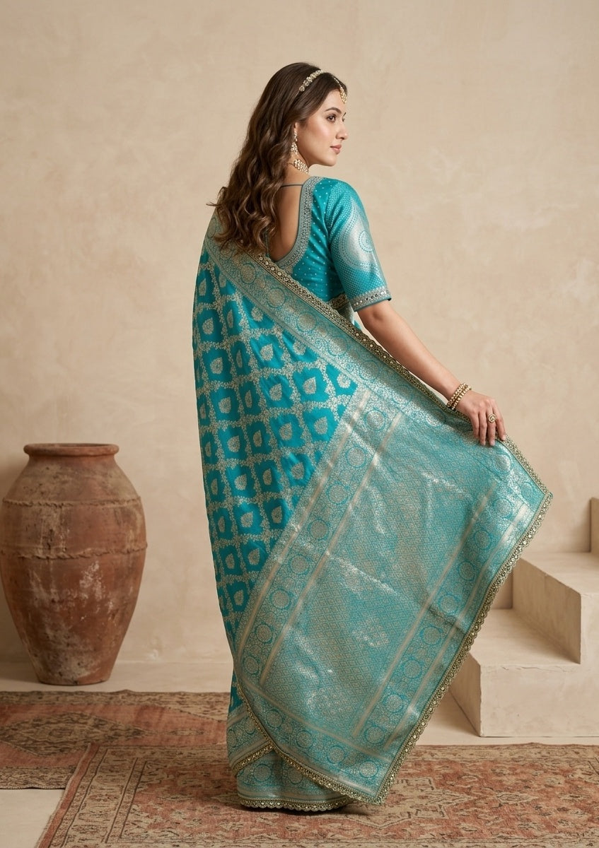 Rama Green Silk Jaal Gold Stonework Saree With Matching Blouse Piece