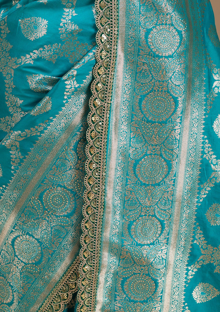 Rama Green Silk Jaal Gold Stonework Saree With Matching Blouse Piece