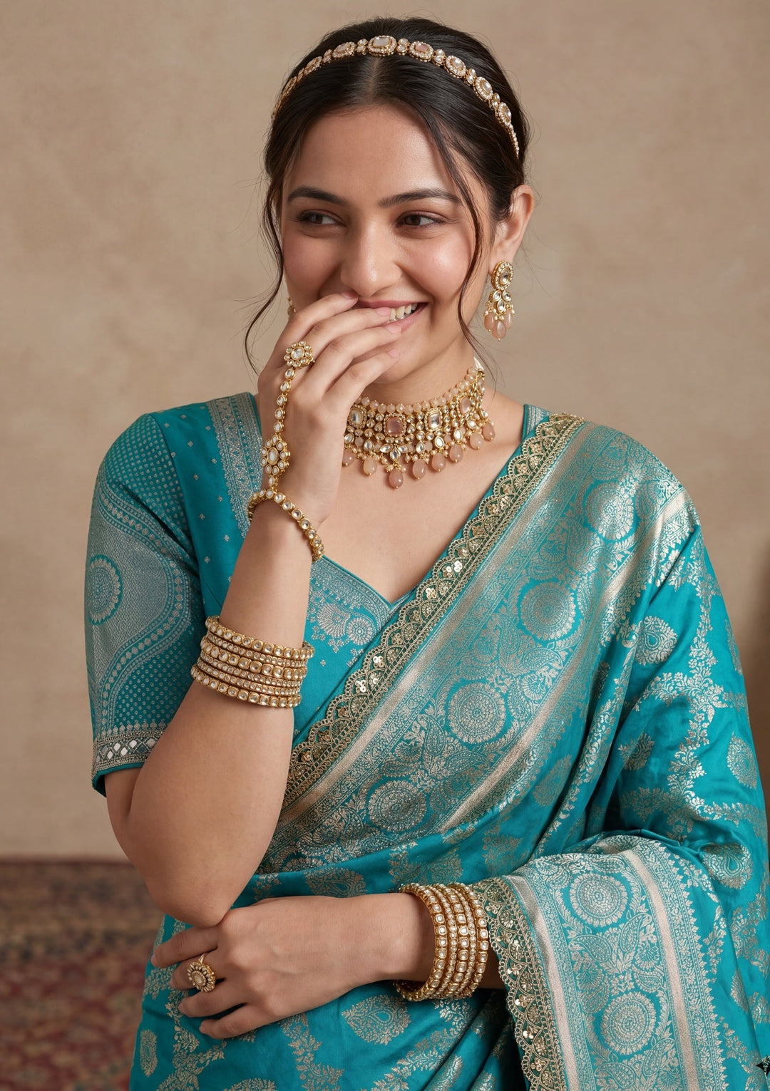 Rama Green Silk Jaal Gold Stonework Saree With Matching Blouse Piece