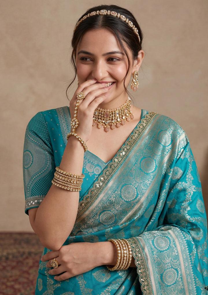 Rama Green Silk Jaal Gold Stonework Saree With Matching Blouse Piece