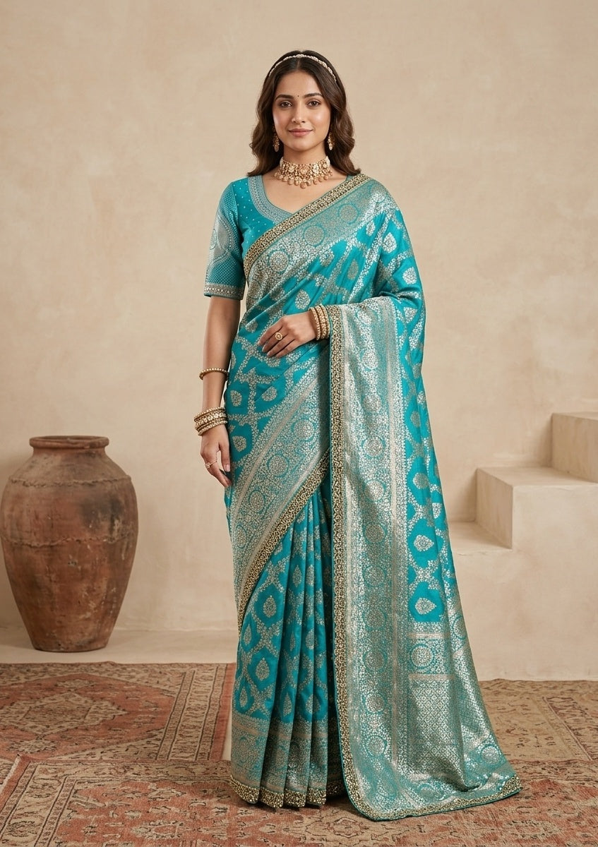 Rama Green Silk Jaal Gold Stonework Saree With Matching Blouse Piece