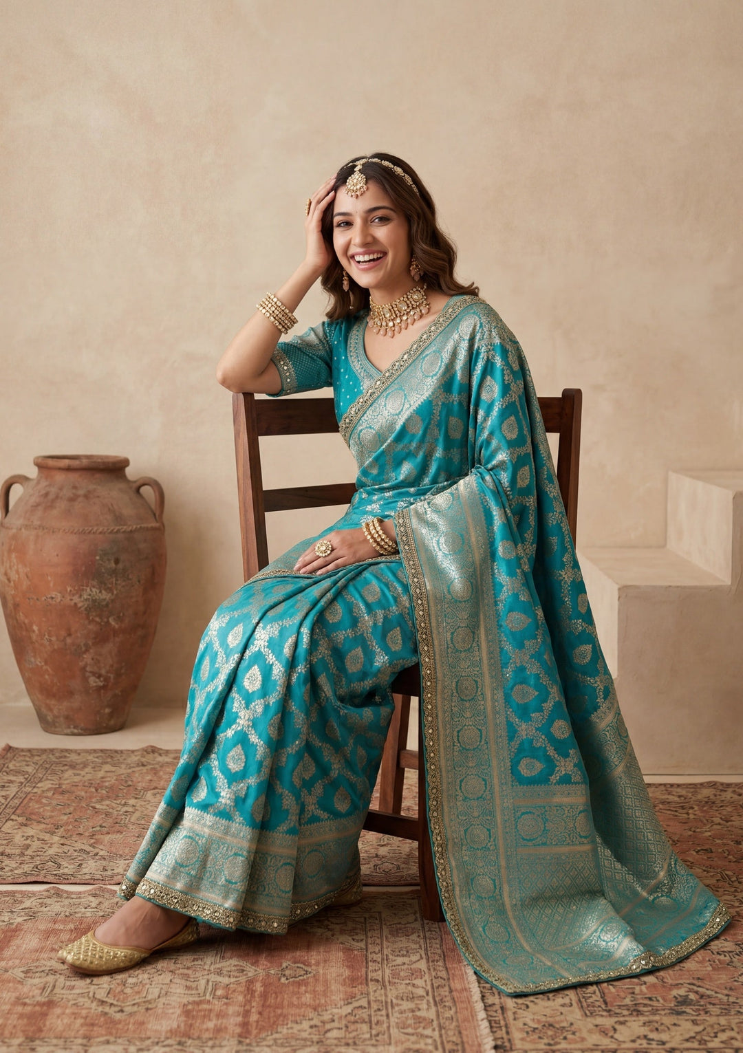 Rama Green Silk Jaal Gold Stonework Saree With Matching Blouse Piece