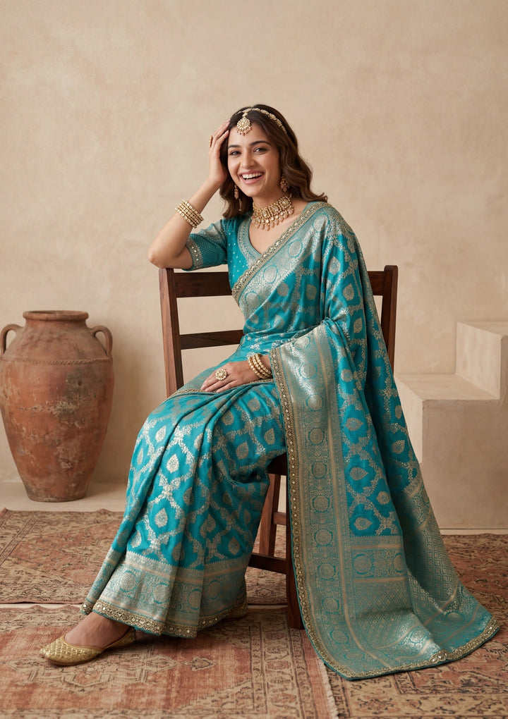 Rama Green Silk Jaal Gold Stonework Saree With Matching Blouse Piece