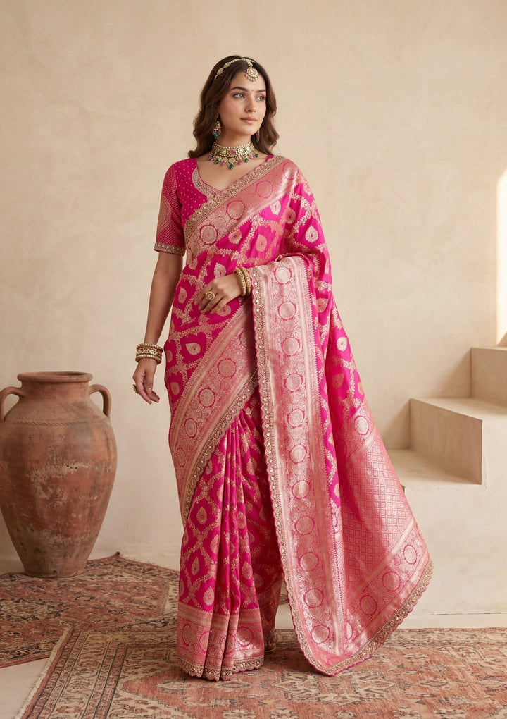 Rani Pink Silk Jaal Gold Stonework Saree With Matching Blouse Piece
