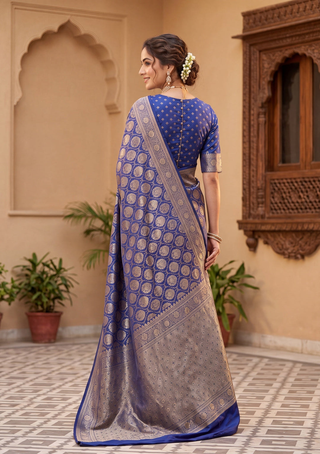 Navy Blue Banarasi Art Silk Saree With Matching Blouse Piece
