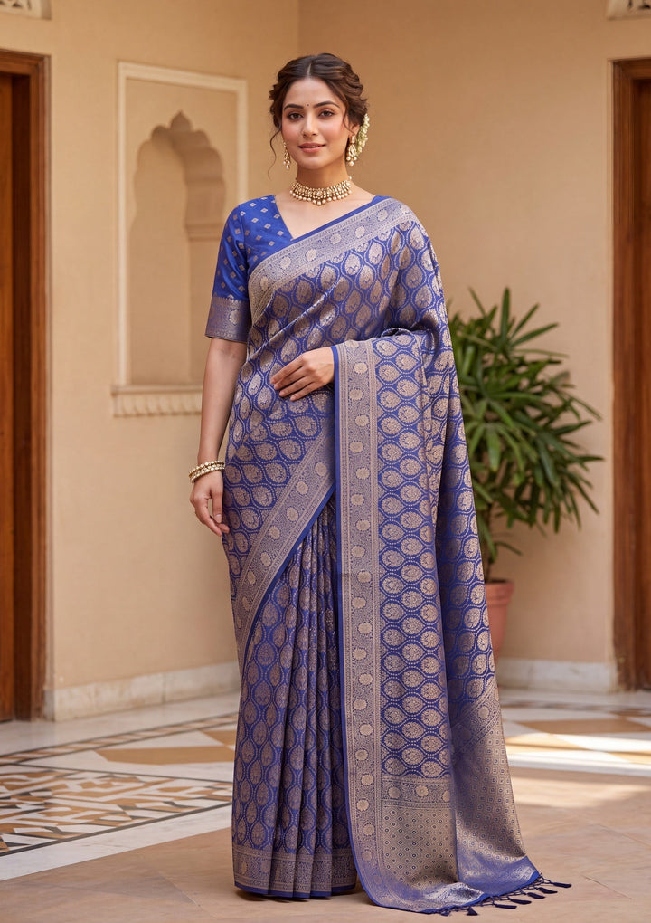 Navy Blue Banarasi Art Silk Saree With Matching Blouse Piece