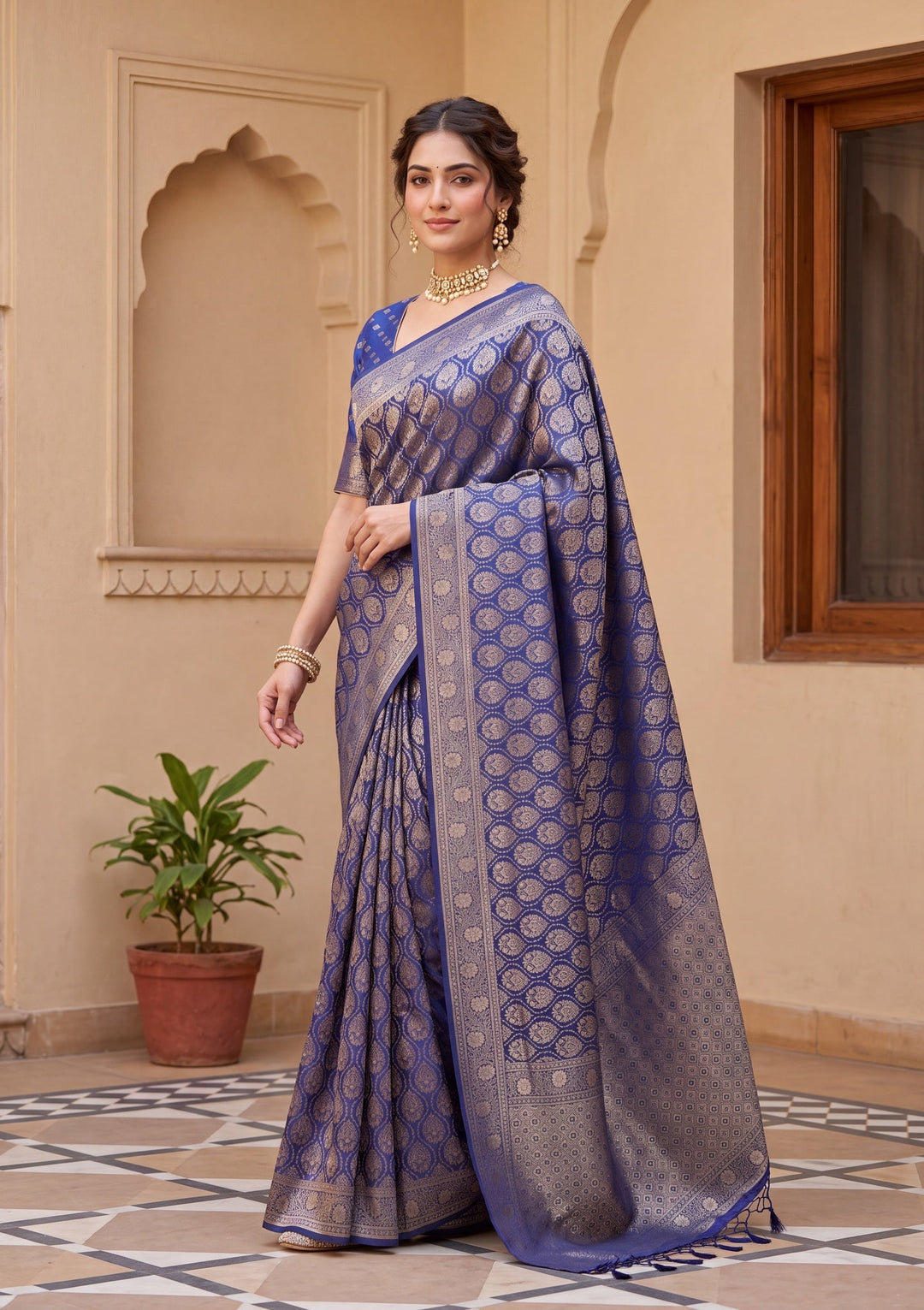Navy Blue Banarasi Art Silk Saree With Matching Blouse Piece