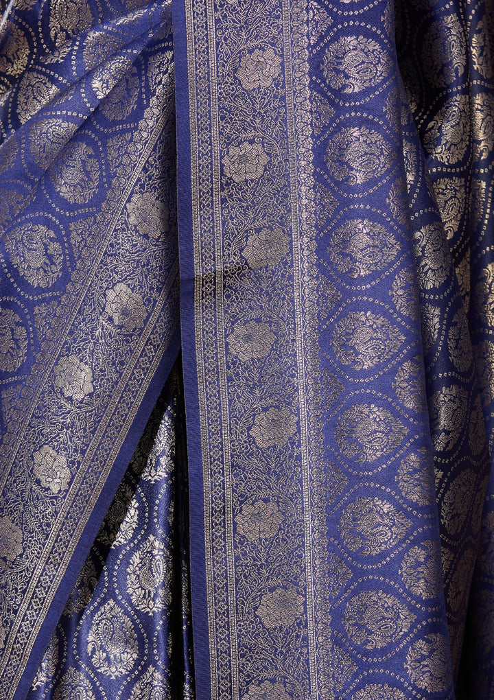 Navy Blue Banarasi Art Silk Saree With Matching Blouse Piece