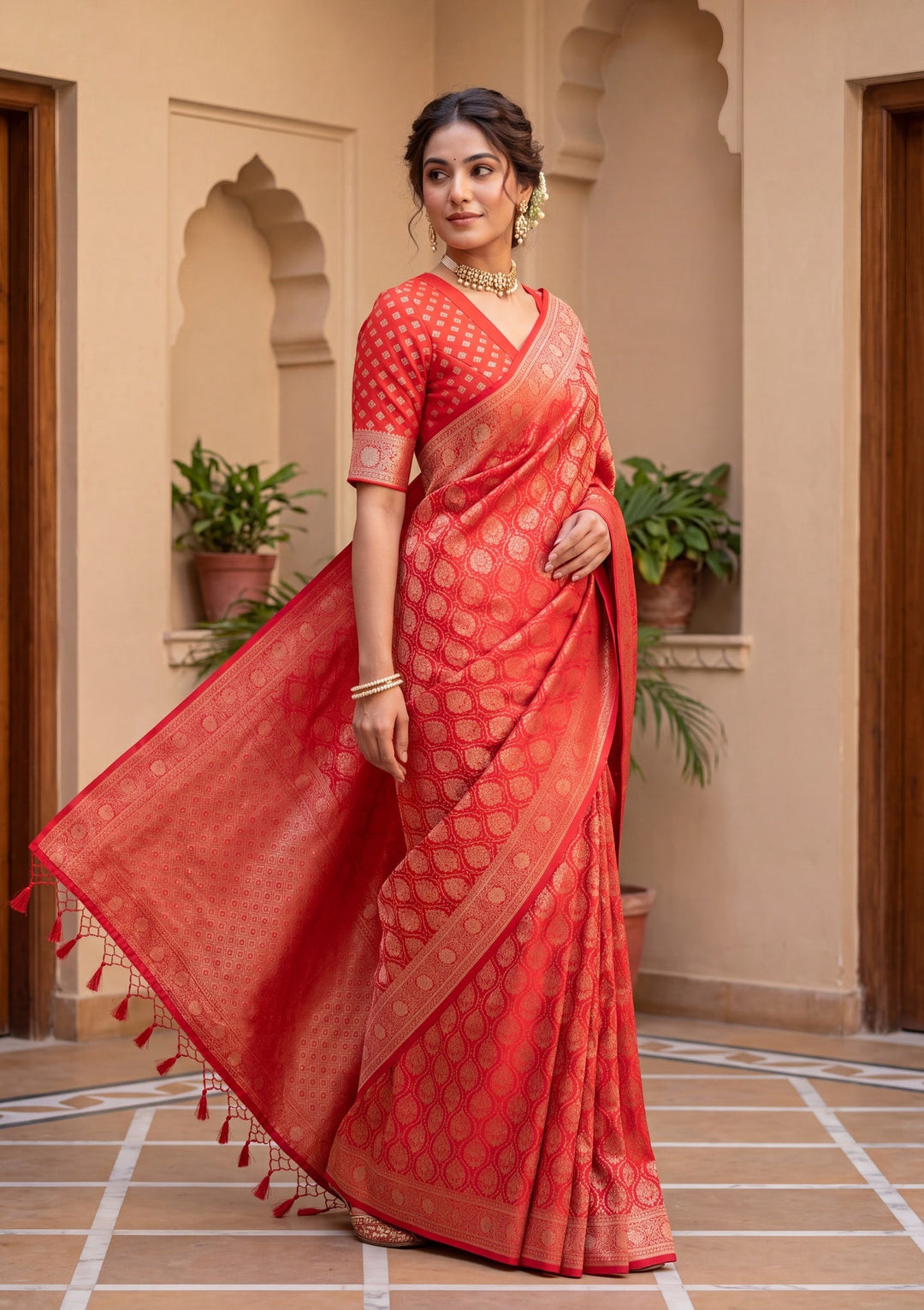 Red Banarasi Art Silk Saree With Matching Blouse Piece