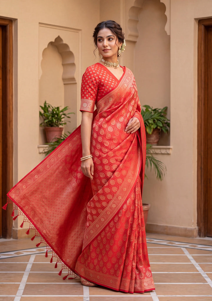 Red Banarasi Art Silk Saree With Matching Blouse Piece