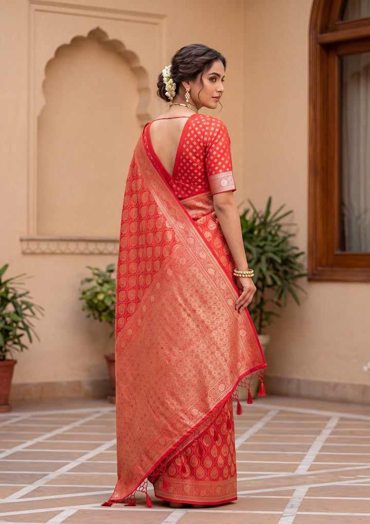 Red Banarasi Art Silk Saree With Matching Blouse Piece