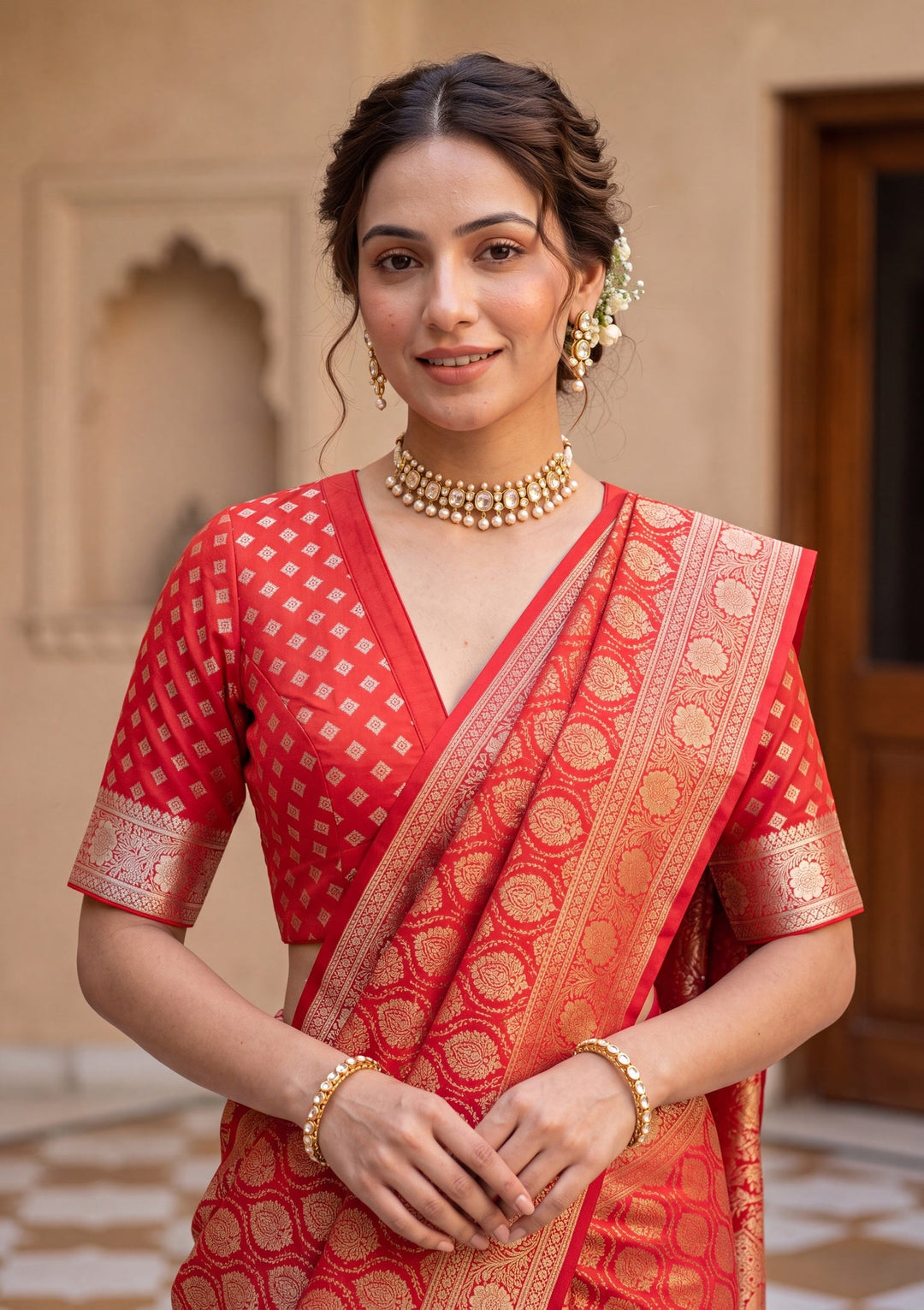 Red Banarasi Art Silk Saree With Matching Blouse Piece