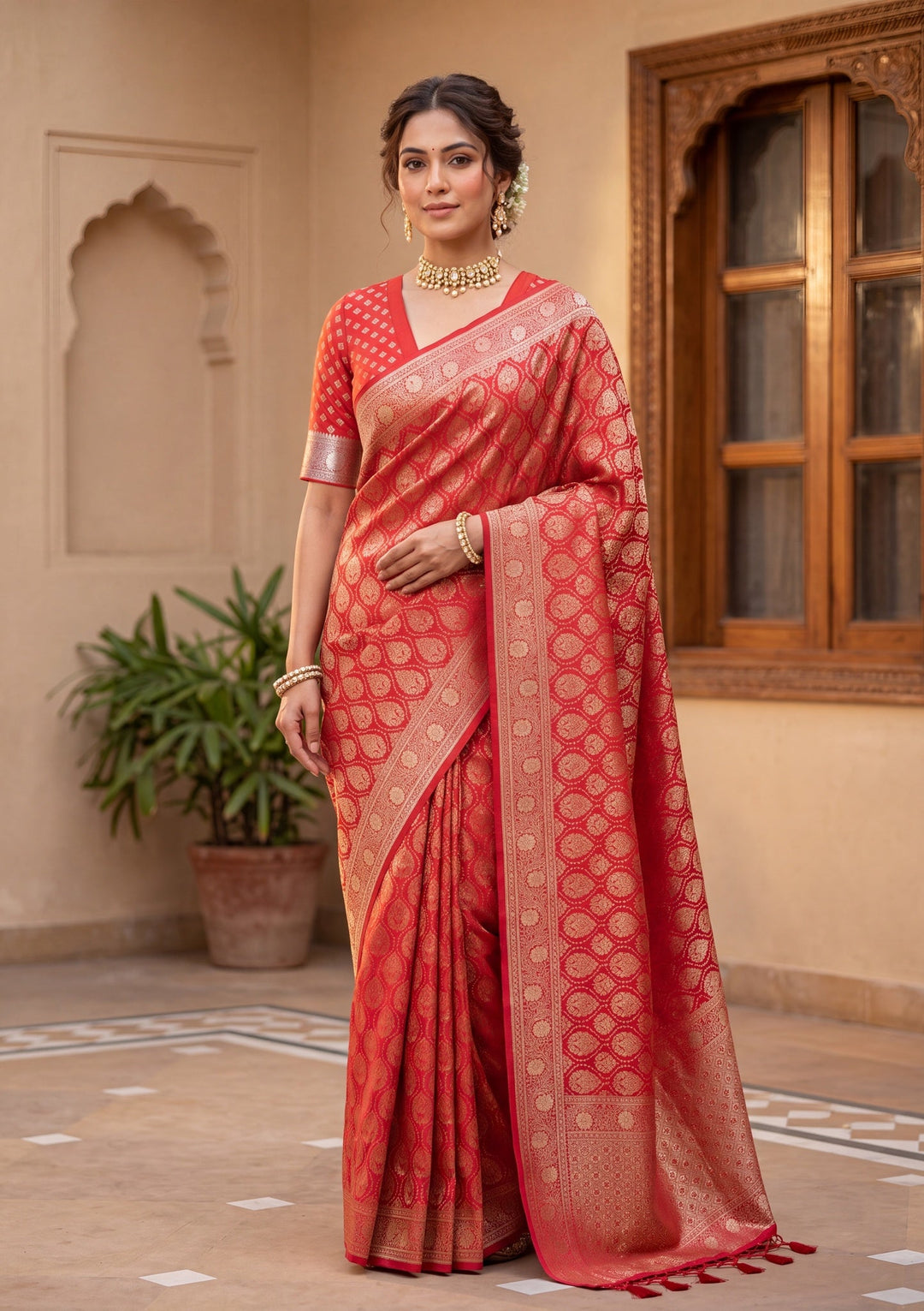 Red Banarasi Art Silk Saree With Matching Blouse Piece