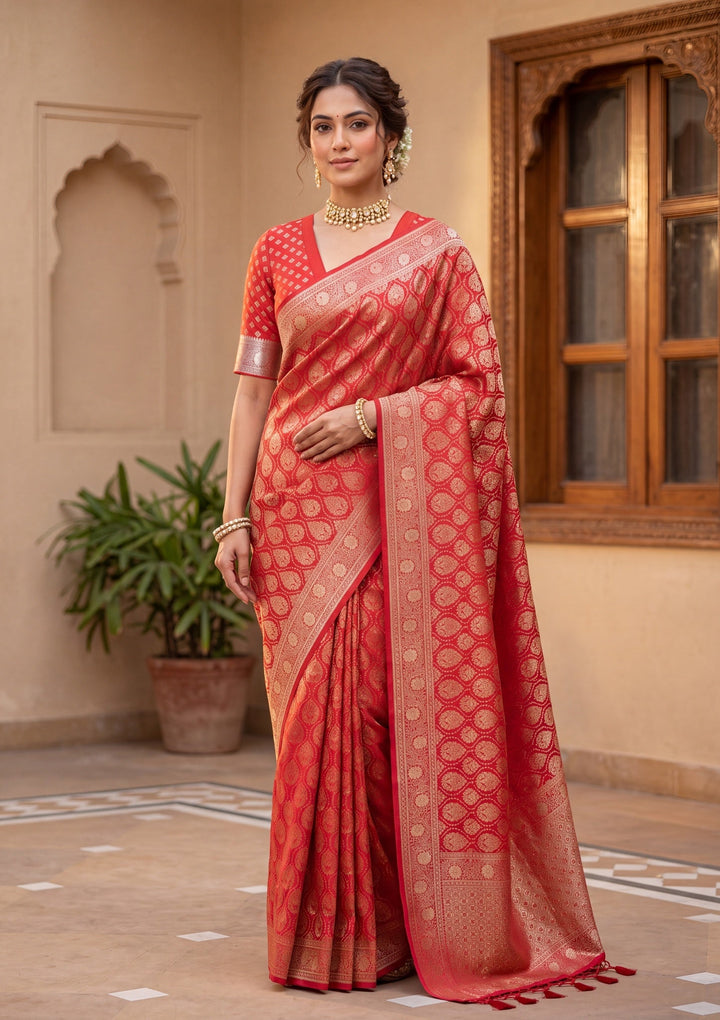 Red Banarasi Art Silk Saree With Matching Blouse Piece