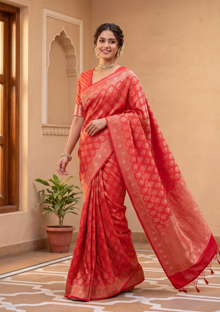 Red Banarasi Art Silk Saree With Matching Blouse Piece