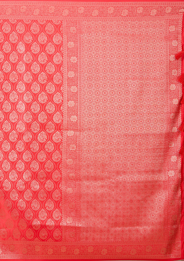 Red Banarasi Art Silk Saree With Matching Blouse Piece