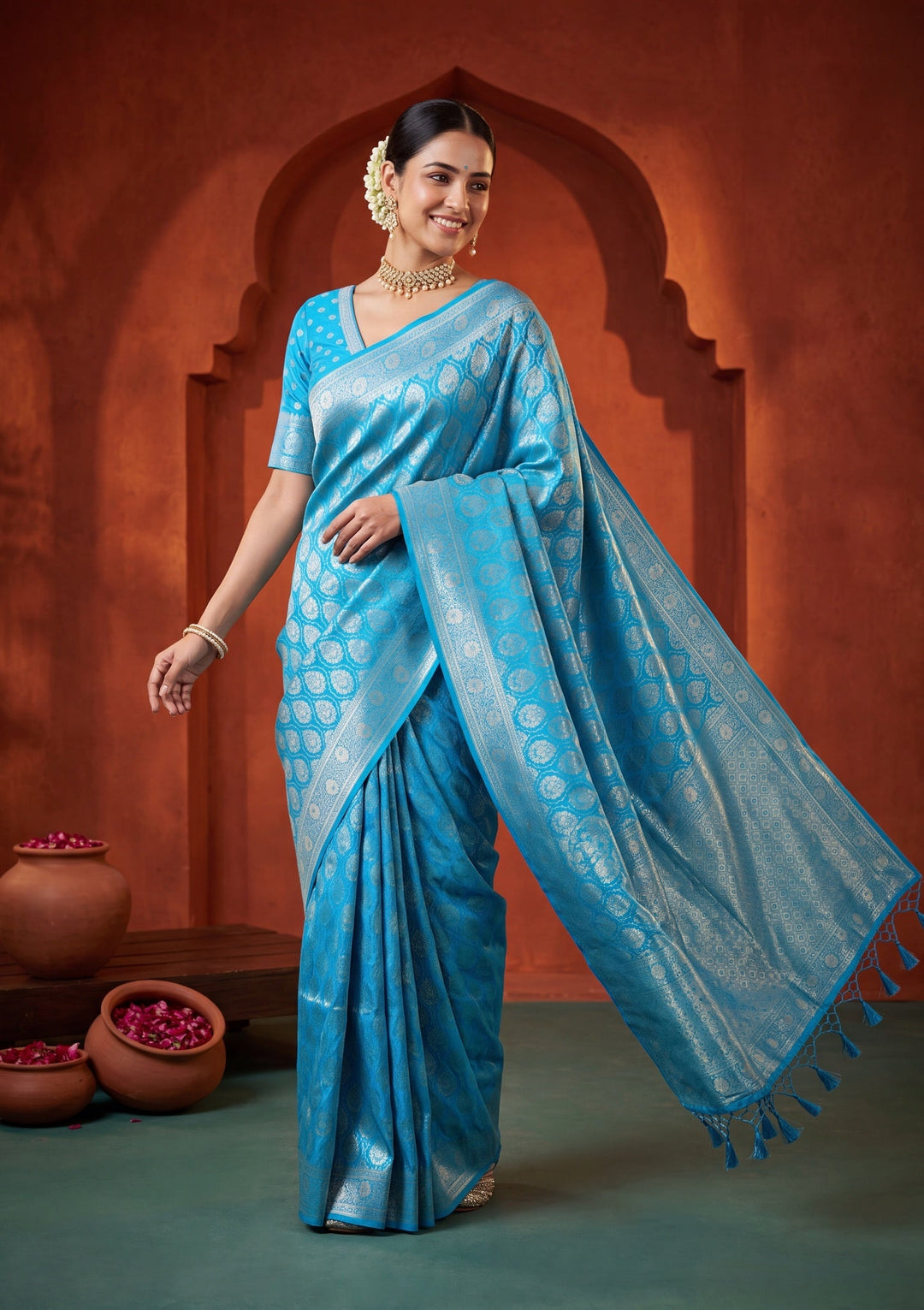 Turquoise Blue Banarasi Art Silk Saree With Matching Blouse Piece