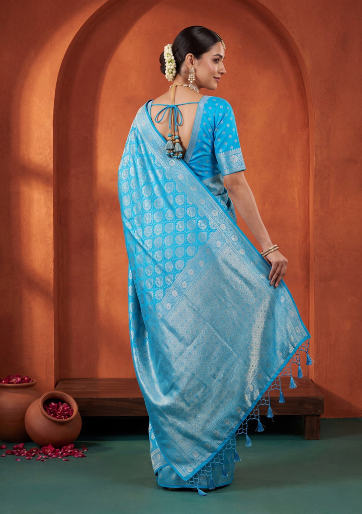 Turquoise Blue Banarasi Art Silk Saree With Matching Blouse Piece