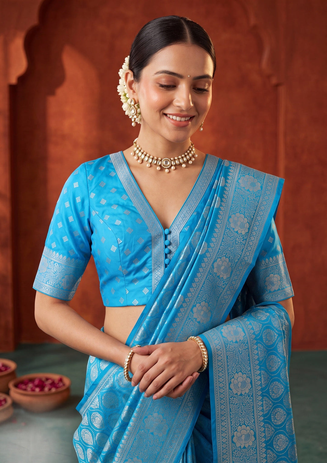 Turquoise Blue Banarasi Art Silk Saree With Matching Blouse Piece