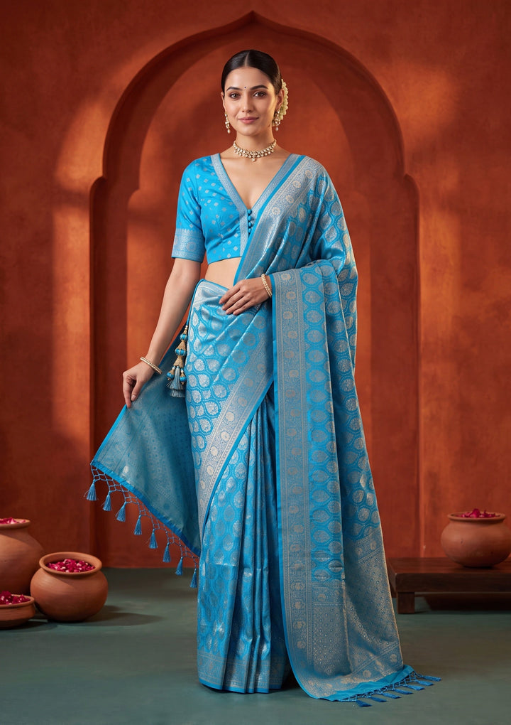 Turquoise Blue Banarasi Art Silk Saree With Matching Blouse Piece