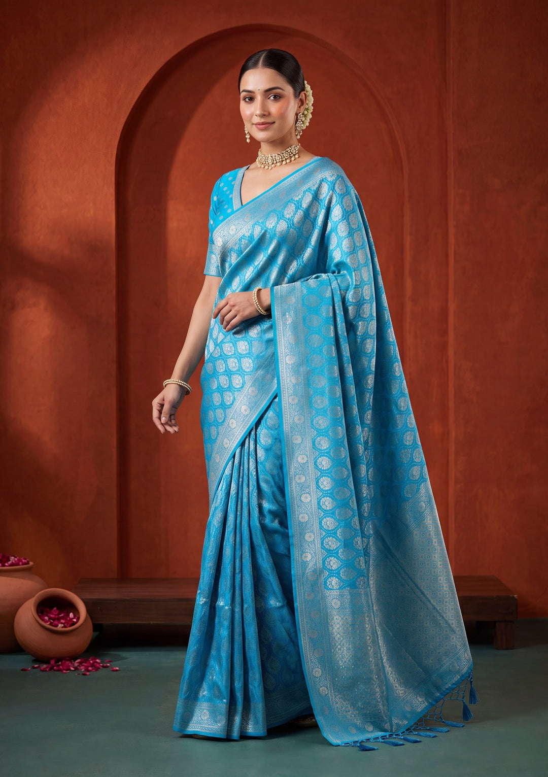 Turquoise Blue Banarasi Art Silk Saree With Matching Blouse Piece