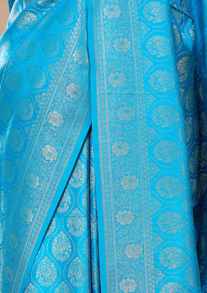 Turquoise Blue Banarasi Art Silk Saree With Matching Blouse Piece