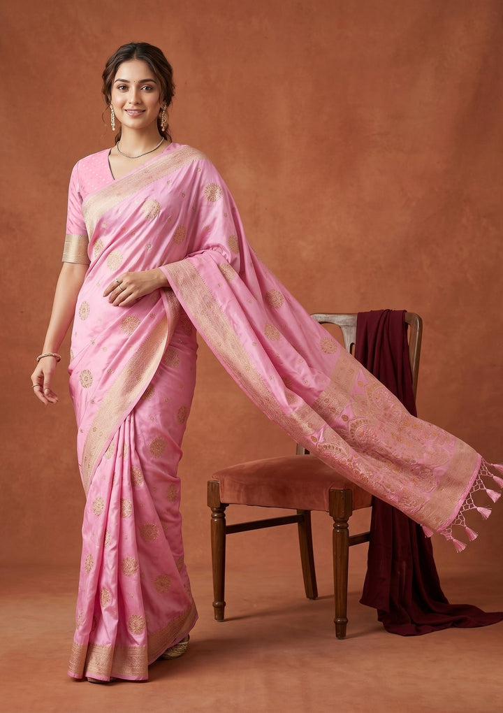Baby Pink Silk Buti Saree With Matching Blouse Piece