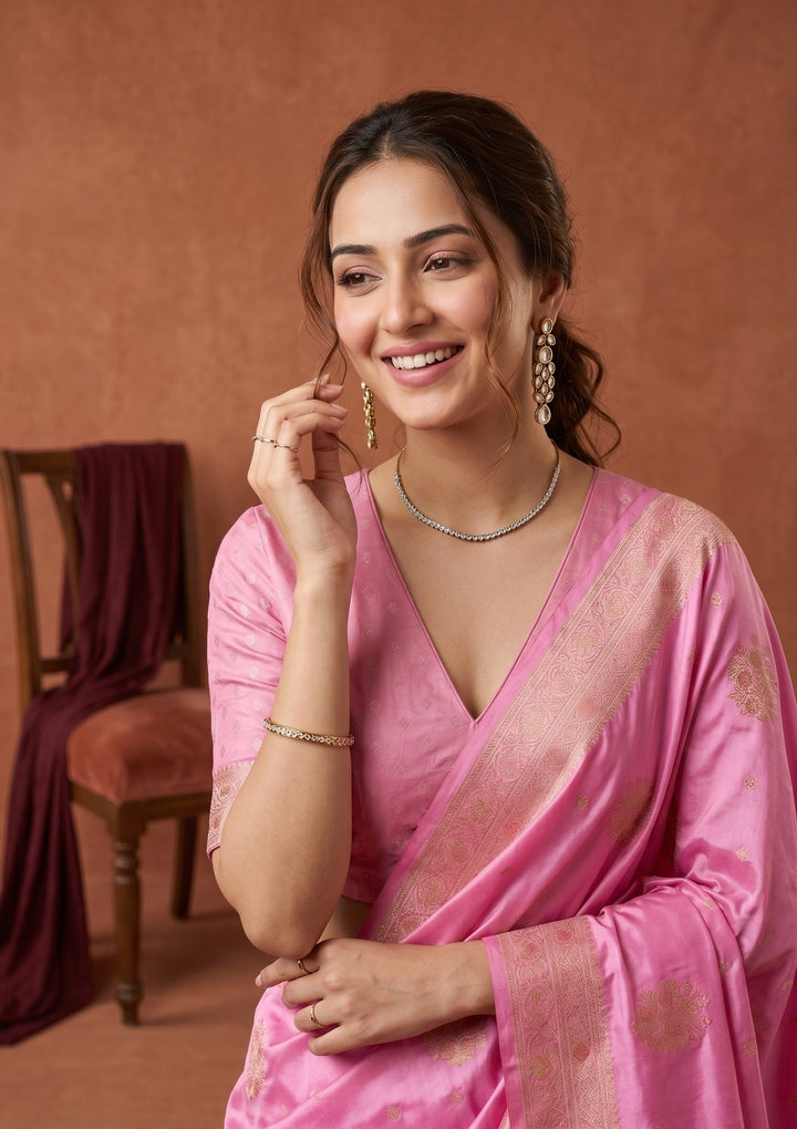Baby Pink Silk Buti Saree With Matching Blouse Piece